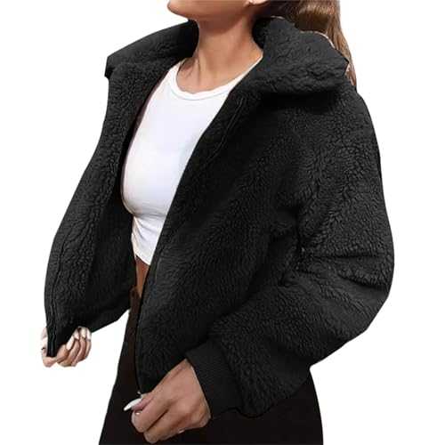 Zhsxertwy Women's Jackets Winter Full Zip Fall Short Fleece Jacket Long Sleeve Lapel Collar Fuzzy Outwear Coat With Pockets Jacket Women Cotton