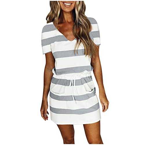 Dresses for Women UK Short Sleeve Crew Neck Summer Dress Casual Knee Length Dress Solid/Stripes Tie Waist Ladies Floral Dresses with Pockets