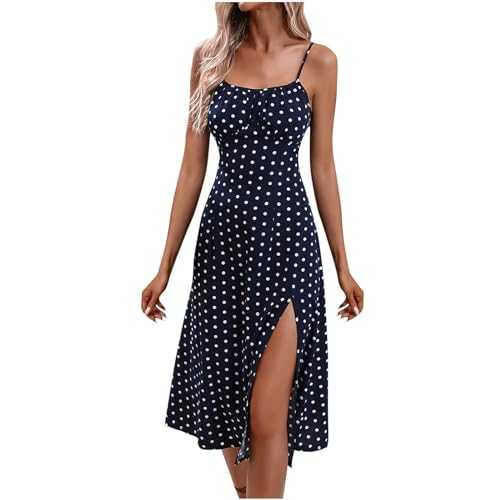 Milkmaid Dress Women Summer Sleeveless Split Midi Dress Boho Casual Beach Dress A-Line Spaghetti Strap Square Neck Milk Maid Dress Ladies Polka Dot Print Milkmaid Sundress