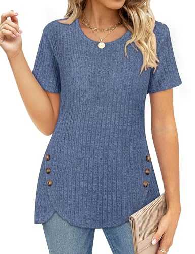 Womens Short Sleeve Tops Summer Round Neck Soild Color T Shirt Loose Casual Lightweight Tunic Blouse Tops S-XXL