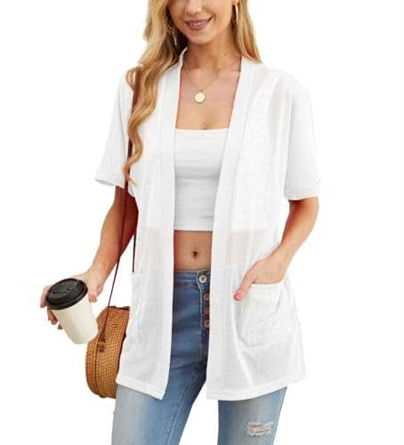 PrinStory Cardigans for Women Lightweight Short Sleeve Ladies Summer Cardigans with Pocket Causal Open Front V Neck Outerwear