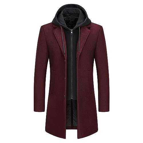 KUDMOL Men's Trench Coat Wool Blend Warm Overcoat With Detachable Hood