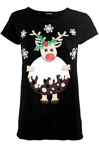 Fashion Star Womens Reindeer Pudding Snowflakes Xmas Tshirt Reindeer Pudding Black Plus Size (UK 24/26)