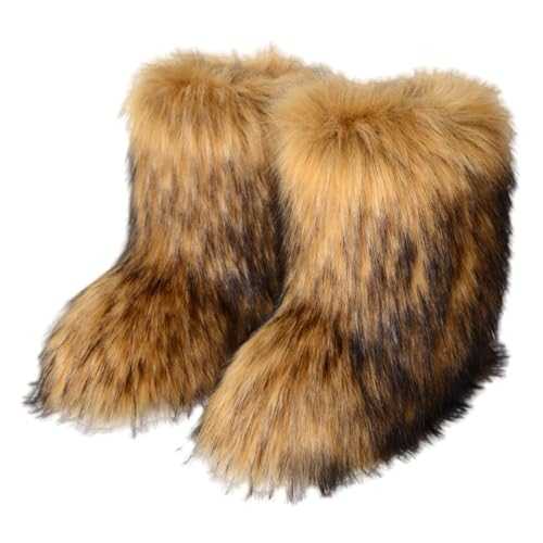 Women's Faux F?r Boot Furry Fluffy Round Toe Suede Winter Comfy Plush Warm Short Outdoor Indoor Flat Shoes Mid-Calf Boots Womens Slip on Snow Boots