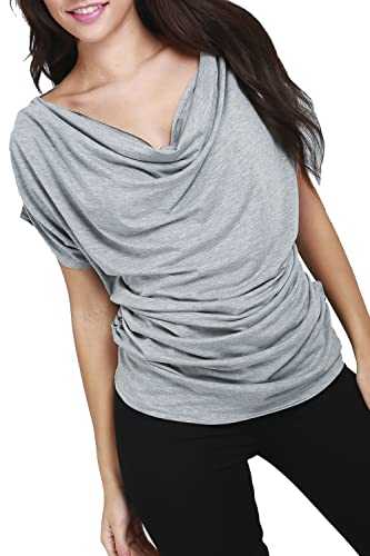 MBN Womens Ruched Gathered Cowl Neck Short Sleeve Stretchy Tees T Shirts Tops