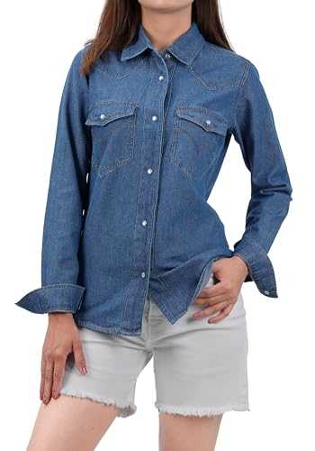 Decrum Denim Shirt Women Long Sleeve - Trendy Lightweight Red and Blue Jean Shirts for Women Denim Top
