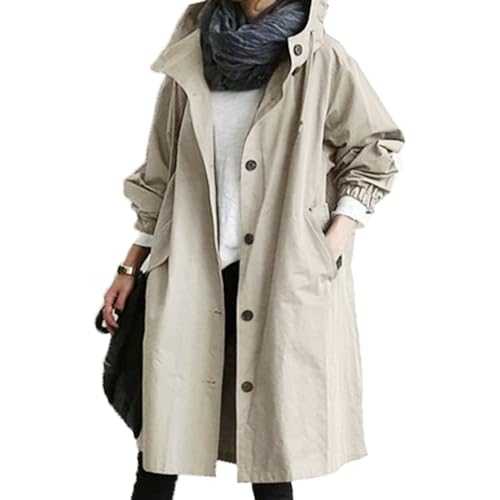 BIISDOST Women's Trench Coat Long Windproof Coat Temperament Fitted Summer Coat Lightweight and Waterproof Windbreaker Casual Transition Jacket with Pockets Buttons Adjustable Hood