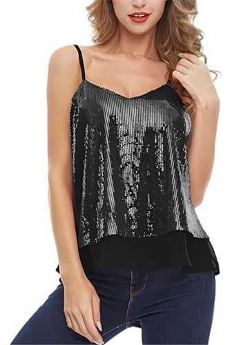 Sequin Tank Top for Women, Sleeveless Sparkle Shimmer Camisole Vest Tops, Shining Party Vest Tank Tops, Adjustable Spaghetti Strap Cami Tank for Night Club, Glitter V Neck Daily Blouse T-Shirts