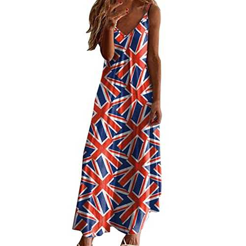 Union Jack Dresses for Women Long Maxi 90s Fancy Dress Costumes Casual Sleeveless British Flag Dress Union Jack Clothing Coronation Dresses Summer Beach Sundresses