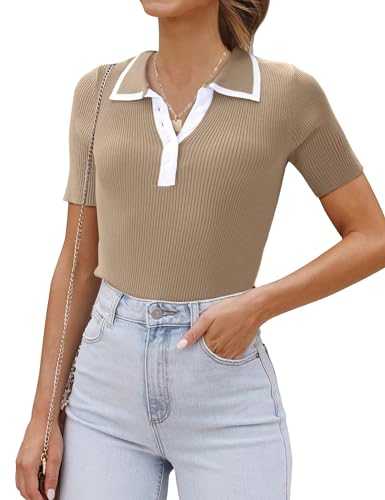 luvamia Blouses for Women Dressy Casual Knit Trendy Tops Summer Short Sleeve Color Block Button Up Collared Polo Shirt