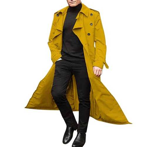 SAUTRV Long Trench Coat Men, Double Breasted Long Coat Wool Long Coat With Belt Slim Fit Double Breasted Belted Windbreaker Lapel Long Jacket Overcoat Long Business Woolen Jacket Trench Coat Men