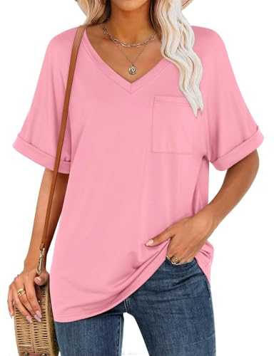 Flikity Women's T Shirts Oversized Short Sleeve V Neck Summer Casual Loose Tops Basic Tee Shirts Blouses with Pocket S-XL