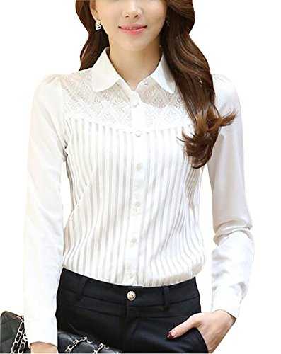 Womens Chiffon Vintage Stand Collar Button Down Shirt Long Sleeve Lace Blouse with Stretch