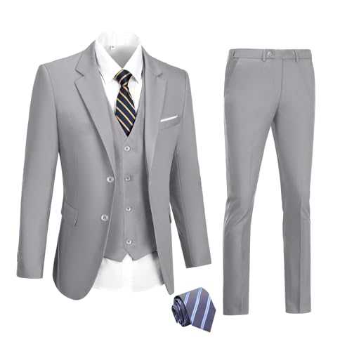 Mens Suits 3 Pieces 2 Button Slim Fit Suit Tuxedo Prom Formal Jacket Blazer Vest Pants with Tie