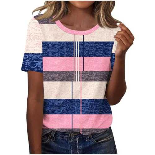 Womens Tops UK 2025 Crew Neck Short Sleeve Shirts Ladies Block Color Striped Tees Tops Summer Basic T-Shirt Casual Trendy Elegant Comfy Tunic Blouse Plus Size Tees