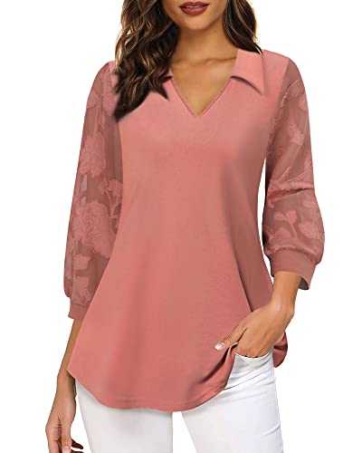 Vafoly 3/4 Sleeve Tunic for Women Casual V Neck Tops Floral Lace Textured Blouse