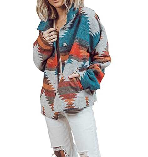 Womens Aztec Shacket Jacket Loose Vintage Boho Wool Blend Coat Button Down Shirt Tops