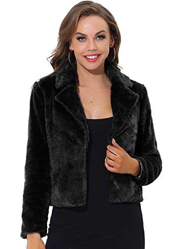 Allegra K Women's Autumn Winter Cropped Jacket Notch Lapel Faux Fur Fluffy Coat, Black, Medium