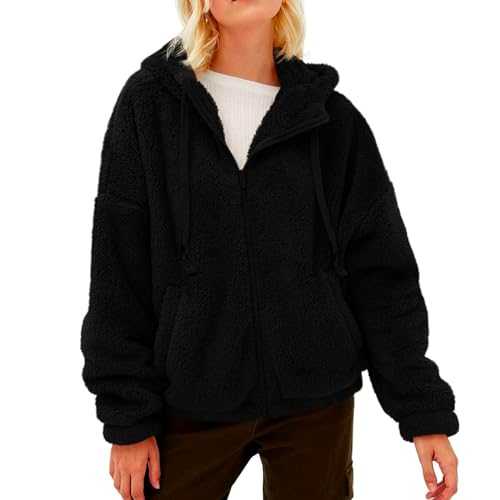 Women Sherpa Jacket Fuzzy Fleece Teddy Coat with Pockets Ladies Zip Up Hoodie Fluffy Oversized Cardigan Winter Warm Fur Jacket Solid Lightweight Coats Loose Hooded Sweatshirt Outwear