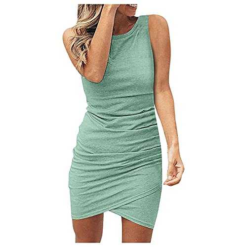 AMDOLE Womens Dresses Long Neckline Sleeveless Hem Round Dress Women's Ruched Casual Slim Dress Women's Dress Dressy Casual Dresses