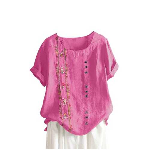 Embroidery Blouses for Women UK Plus Size Summer Ladies Tops Cotton Linen Qipao Shirts Chinese Style Cute Graphic Tunic Blouses Short Sleeve Casual Office Pullover Shirts