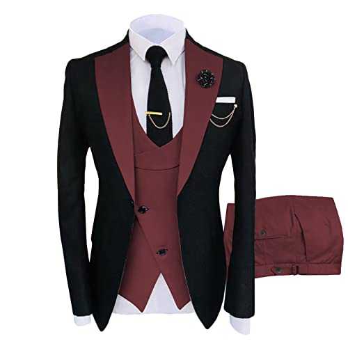 Men Color Blocked Groom Wedding Suit One Button Jacket Vest Pants Tuxedos Slim Fit Dress Suit for Party Wedding