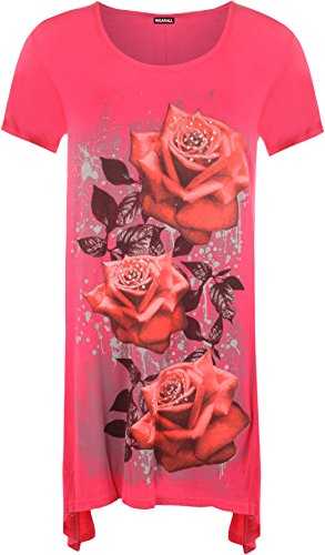 WearAll Ladies Plus Size Glitter Rose Print Hanky Hem Womens Short Sleeve Long Top Sizes 12-30