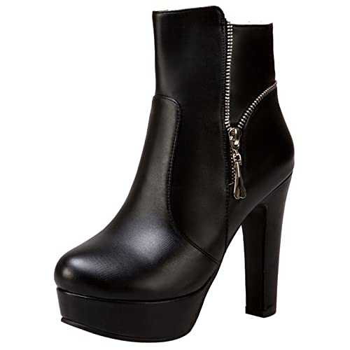 Women High Heel Ankle Boots Block Heel Dress Booties Zip Round Toe Elegant Booties with Platform, Size 1.5-11