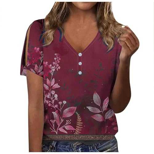 Womens Long Sleeve Tops Womens Tops Size 16 Womens Tshirt Tops Hollow Short Sleeve Tshirts Button Up V Neck Womens 3/4 Sleeve Tops Womens T Shirt Plus Size Pullover Floral Printed Work Tunic