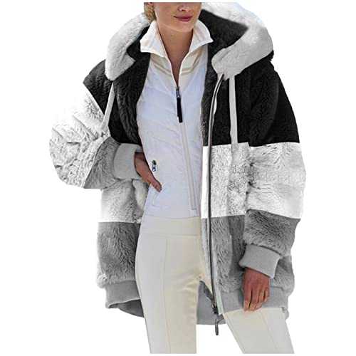 AMhomely Womens Fuzzy Fleece Coat Open Front Hooded Color Block Cardigan Jacket Outwear with Pocket