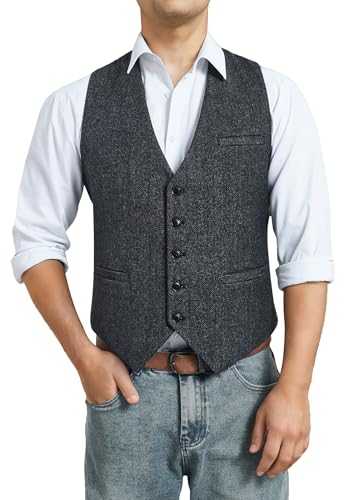 HISDERN Men's Herringbone Tweed Waistcoats/Suit Vest for Formal & Informal Occasions Wool Fabric, V Neck, One Size, Hip Length, Brown