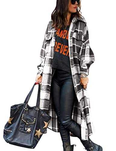 happlan Women's Plaid Shacket Casual Flannel Shirt Jacket Loose Lapel Wool Blend Coat Oversized