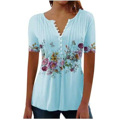 Qixiu T Shirts for Women UK Summer Ladies Tops Shirt Short Sleeve Tunic Blouses Loose Fit Pleated Blouses Floral Print Button Down Plus Size Ladies T-Shirts Black Sale