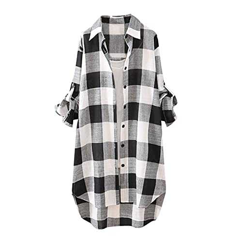 MODSGUE Traditional Blouse Women's Checked Long Top Checked Shirt Blouse Dress Classic Cut Sporty Activewear for Sports and Everyday Long Sleeve Checked Shirt Plaid Fitness Shirt