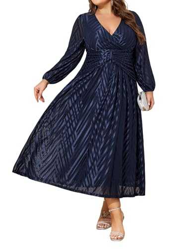 unewmy Plus Size Women V Neck Shiny Maxi Dress Ladies Elegant Long Sleeve Ruffle Swing Evening Cocktail Wedding Formal Party Dresses Ball Gown