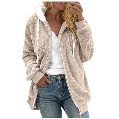 Women's Large Sizes Zip Up Fleece Coat Solid Colour Thick Wool Long Sleeve Hooded Jacket Sweatshirt Chic Winter Coats Fleece Lined Jackets