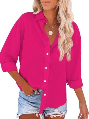 Paintcolors Women's Button Up Tunics Cotton Button Down Shirt Dresses with Pockets Solid Color High Low Blouse Tops