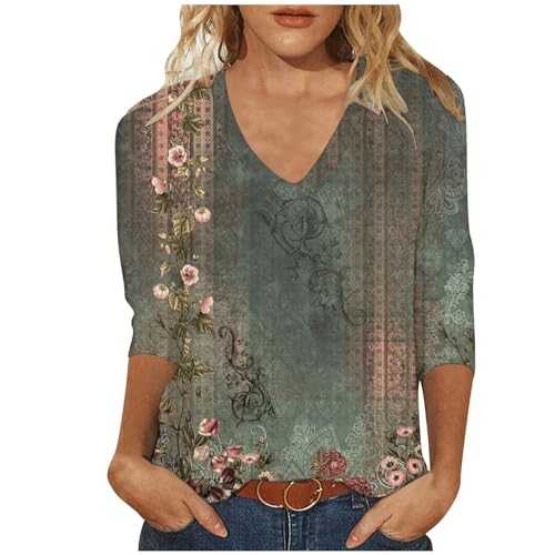 Womens 3/4 Length Sleeve Tops Casual Elegant Floral Printed Summer Tshirt Tunic Tops V Neck Blouse Ladies Henley T-Shirt Blouses Shirts Baggy Loose Fit Pullover