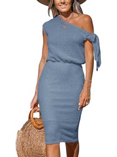 CUPSHE Women's Midi Summer Dress Bodycon One Shoulder Short Sleeve Tie Elastic Waist Casual Party Elegant Dresse