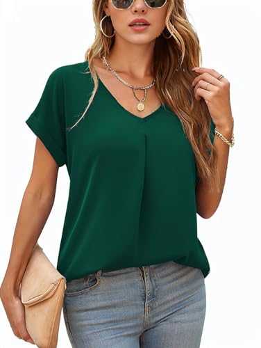 Womens Chifffon Blouses Elegant V Neck Rolled-up Short Sleeves Loose Shirts Summer Casual Ladies Tops
