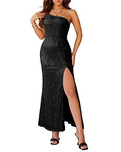 BerryGo Women's Sexy One Shoulder Backless Sequin Maxi Dress Slit Prom Party Dress Formal Evening Gowns for Wedding Guest