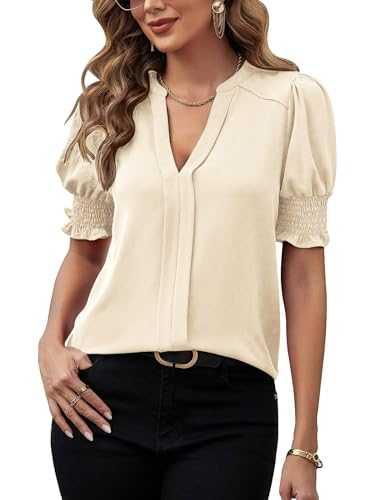 ZOOMOON Womens Blouses Dressy Casual Puff Sleeve V Neck Tops Ruffle Pleated Business Work Chiffon Blouse Summer Shirts