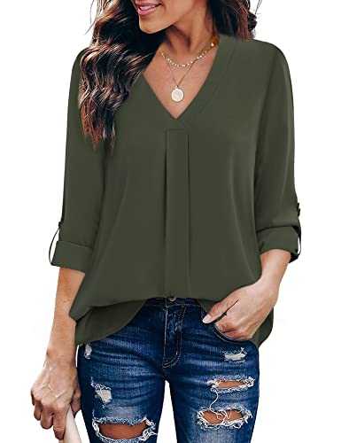 Youtalia Womens 3/4 Cuffed Sleeve Chiffon Printed V Neck Casual Blouse Shirt Tops - green - Large-X-Large