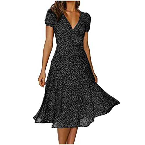 AMhomely Summer Dresses for Women UK Clearance Elegant V-Neck Bandage Print Casual Short Sleeve Dresses for Special Occasions Ladies Maxi Dresses Plus Size Petite Sexy Dress UK Size