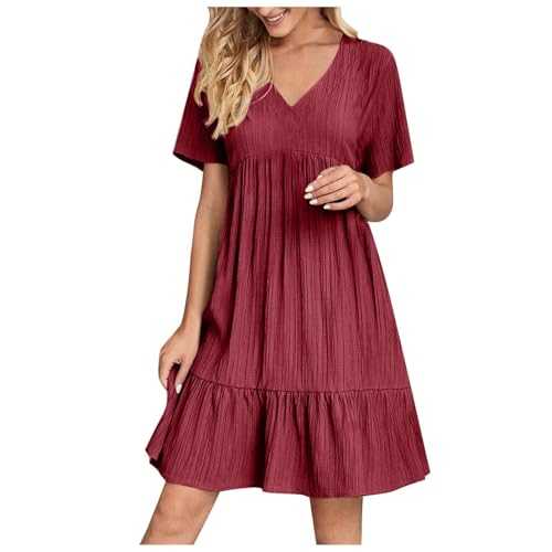 Uwdiohq Summer Dresses for Women UK 2025 Womens Short Sleeve V Neck Pleated Swing Loose Casual Short Beach Sundresses Ladies Classic Basic Simple Stylish Travael Frock