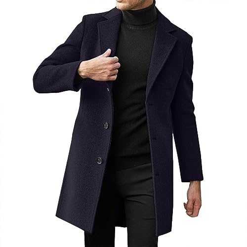SHINROAD Mid-length Men Overcoat Winter Men's Wool Overcoat Mid-length Suit Coat with Lapel Single Breasted Side Pockets Solid Color Long Outwear Men Overcoat