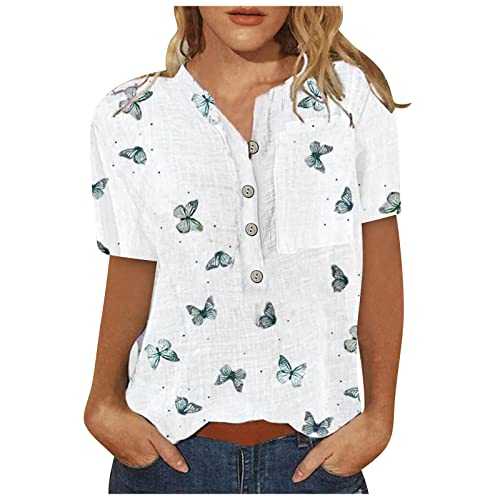 Women Blouse Party Elegant Short/Long Sleeve Tops for Work UK Casual Cotton Linen T Shirt Loose Fit Button Down Lapel Tees Casual Blouses Ladies Business Office Loose Top for Spring/Summer…