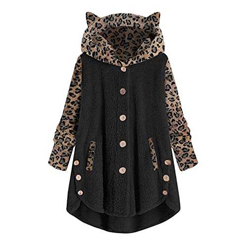 Wyongtao Women Teddy Bear Jacket Button Cardigan Plush Hooded Sherpa Sweatshirt Tops Leopard Patchwork Jumper Casual Lightweight Oversized Coat Winter Warm Jackets Fleece Fuzzy Jacket