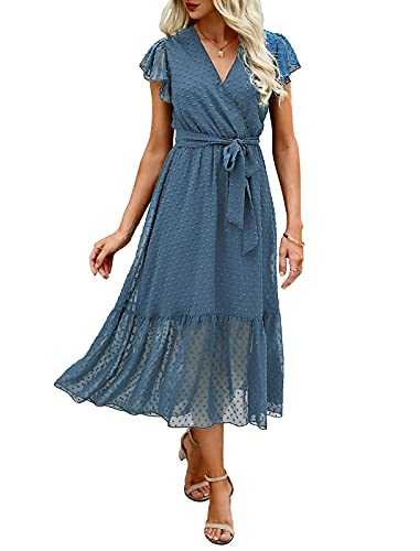 BTFBM Women Summer Bohemian Floral Casual Wrap V Neck Ruffle Cap Sleeveless Belt A-Line Pleated Hem Midi Sun Dress White