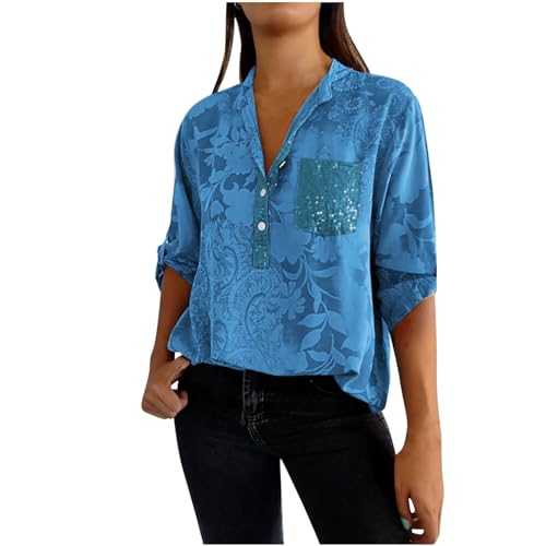 Ladies Tops Casual Roll Up Long Sleeve Button Down Tunic Shirts Elegant Print Trendy Loose Work Office Dressy Tops Lightweight Breathable Comfy Longline Blouses Tops 8-22